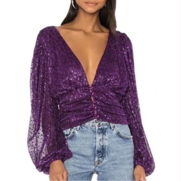 For Love & Lemons Womens L Purple La Vilette Metallic Puff Sleeve Top Plunge New - Picture 1 of 10
